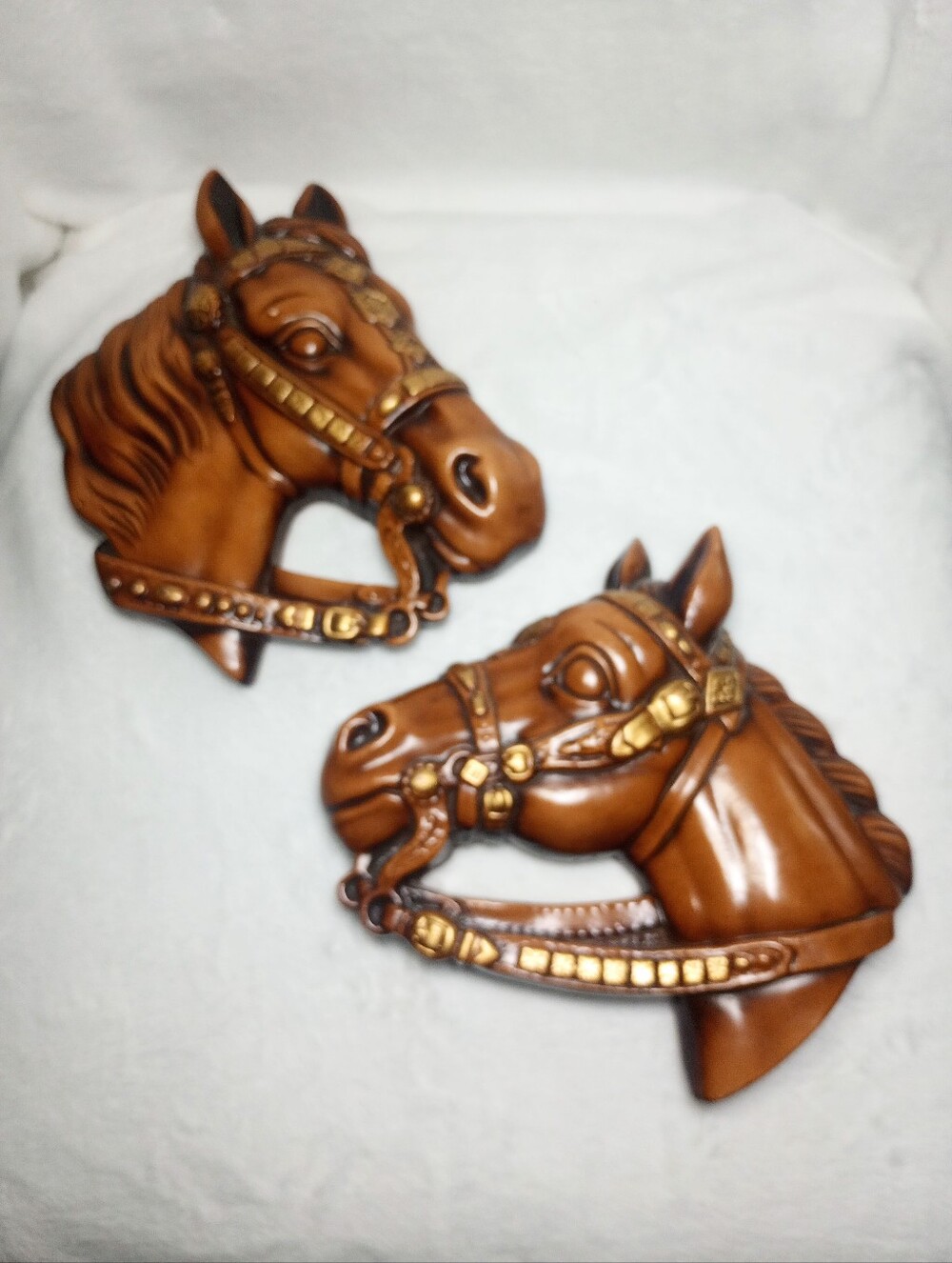 Antique Chalkware Equestrian Horse Head Chalkware Wall Hangings Set Rare Macabre
